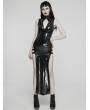 Punk Rave Black Gothic Sexy Punk Glossy Faux Leather Slit Long Dress