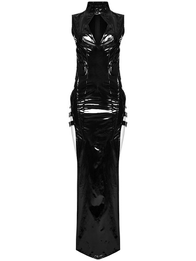 chinese dress ladies Black Zipper Up Asymmetric Sleeveless Womens Punk Rock Mid Length Leat –  LolitaInside