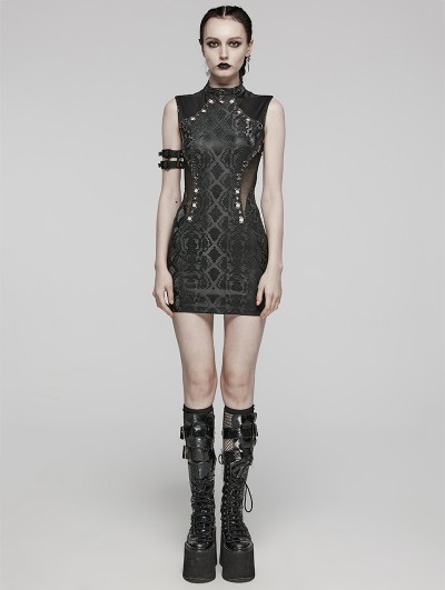 Punk Rave Black Gothic Punk Eyelets Snake-Skin Pattern Sleeveless Short Dress