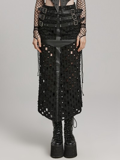 Punk Rave Black Sexy Gothic Punk Buckle Cross Hollowed Long Slit Skirt