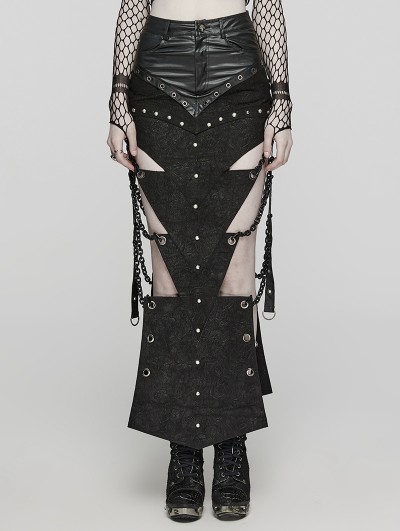 Punk Rave Black Gothic Punk Triangular Pieces Hollow Out Chain Long Skirt