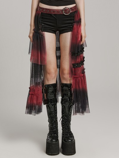 Punk Rave Black and Red Gothic Sweet Cool Asymmetrical Layered Gradient Mesh Skirt