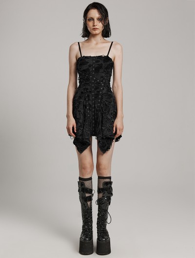 Punk Rave Black Gothic Wasteland Punk Eyelet Webbing Slip Dress