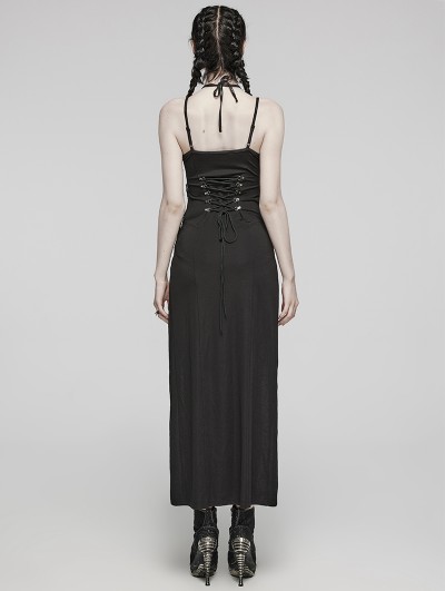 Punk Rave Black Gothic Punk Sexy Thigh High Slit Strap Maxi