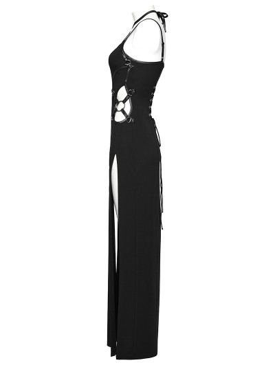 Punk Rave Black Gothic Punk Sexy Thigh High Slit Strap Maxi Dress - DarkinCloset.com Punk Rave Black Gothic Punk Sexy Thigh High Slit Strap Maxi Dress - DarkinCloset.com