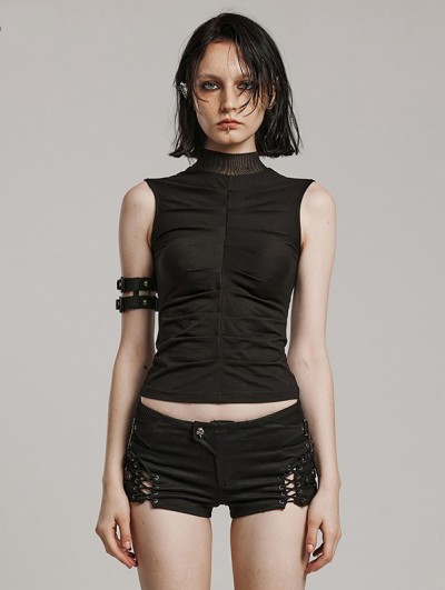 Punk Rave Black Gothic Skeleton Pleats Sleeveless T-Shirt for Women