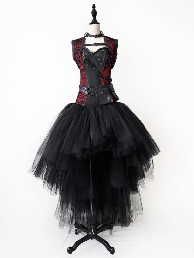 Rose Blooming Black and Red Gothic Steampunk Skull Corset High-Low Prom Party Dress