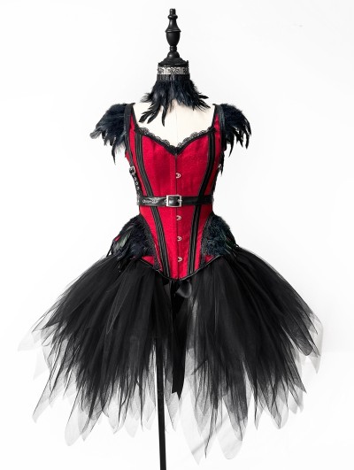 Black and Red Rose Blooming Gothic Feather Burlesque Corset Short Prom Party Dress