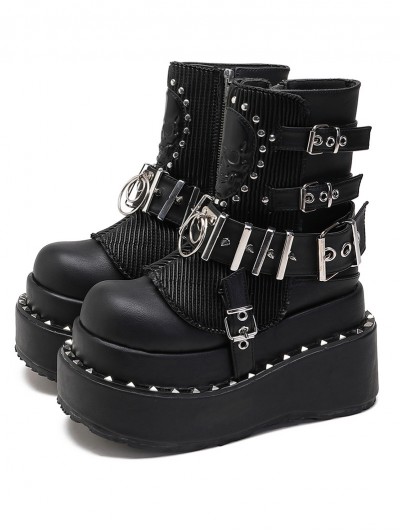 Black Gothic Punk Platform Mesh Splicing Skull Rivets Boots