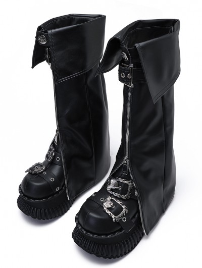 Black Sweet Cool Punk Style Fold Over Leather Zip Platform Boots