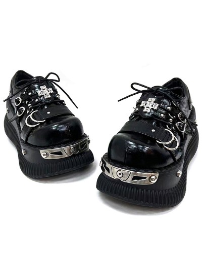 Black Gothic Punk Street Lace-Up Metal Studded Platform Shoes