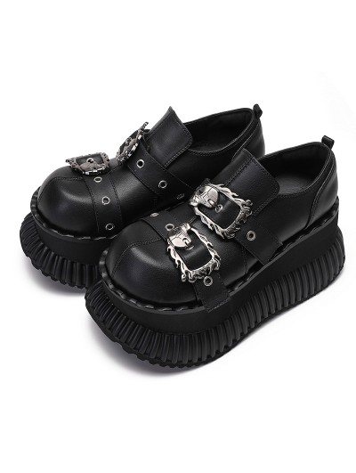 Black Gothic Punk Round Toe Metallic Buckle Strap Platform Shoes