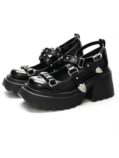 Black Punk Sweet Cross Strap Thick Sole Heeled Mary Jane Shoes