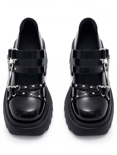 Black Gothic Punk Double Buckle Strap Chain Chunky Platform Shoes