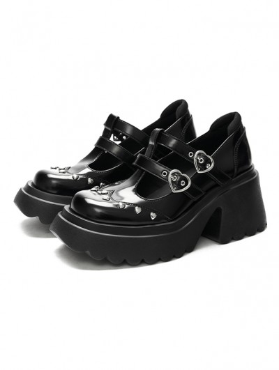 Black Gothic Punk Heart-Shaped Buckle Studded Platform Heeled Shoes
