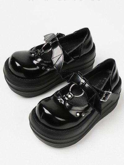 Black Gothic Bat Decor Punk Metal Buckle Platform Muffin Shoes