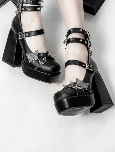 Black Gothic Punk Metal Butterfly Platform Block Heeled Shoes