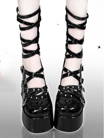 Black Dark Punk Gothic Cross Strappy Platform High Block Heels