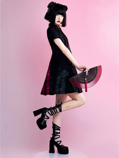 Gothic ゴシックパンク レディース PUNK CROSS Black Gothic Punk Cross Chain Platform Knee High Boots