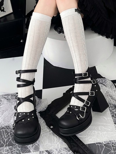 Black Dark Punk Gothic Cross Strappy Platform Block Heel Shoes