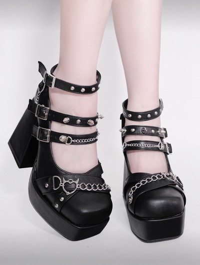 Black Gothic Punk Triple Strap Square Toe Chunky Block High Heels