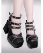 Black Gothic Punk Triple Strap Square Toe Chunky Block High Heels