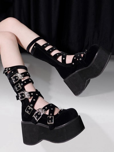 Black Gothic Punk Hollow Out Cross Strap Buckle Platform Shoes