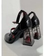 Black Gothic Red Crystal Transparent Block Heel Ankle Straps Shoes