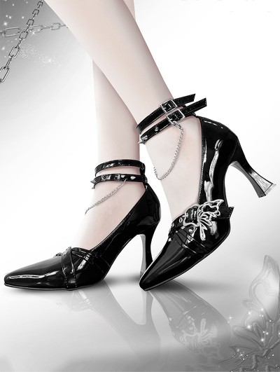 Black Gothic Punk Pointed Toe Double Ankle Strap High-Heeled Shoes