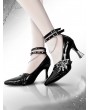 Black/Silvery Gothic Punk Pointed Toe Double Ankle Strap High-Heeled Shoes