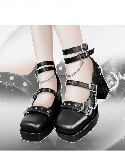 Black PU Leather Dark Gothic Cross Hollow Platform High Heels