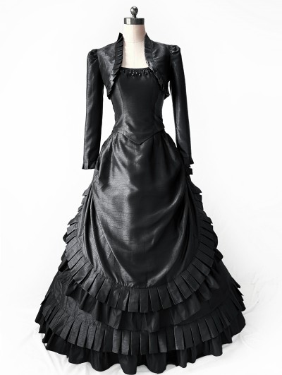 Rose Blooming Black Taffeta 3-Pieces Gothic Victorian Bustle Gown Dress