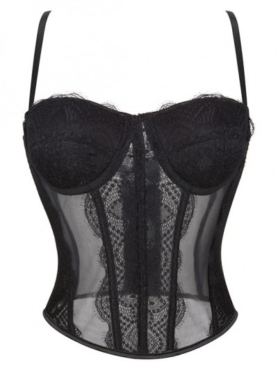 Black Gothic Lace Applique Sheer Mesh Strappy Overbust Corset Top