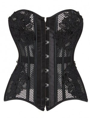 Devil Fashion Black Gothic Lace Trim Leather Overbust Corset Top for Women  