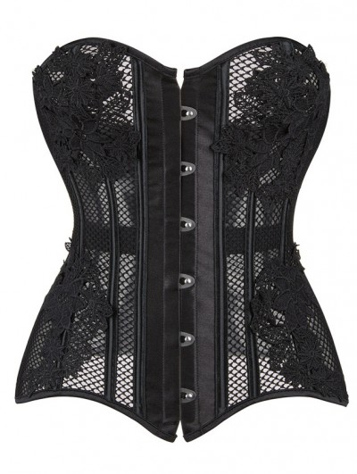 Black Gothic Retro Lace Appliqued Boned Mesh Overbust Corset