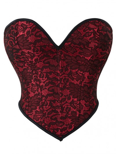 Deep Red Lace Overlay Sweetheart Cropped Overbust Gothic Corset