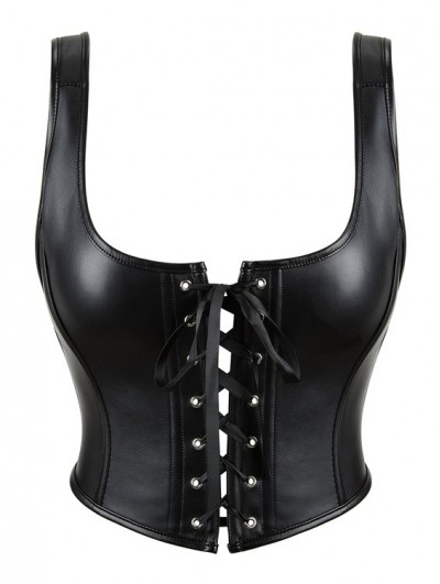 Black Gothic Punk PU Leather Boned Push Up Strap Bustier Corset