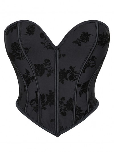 Black Vintage Gothic Floral Pattern Pointed Hem Overbust Corset