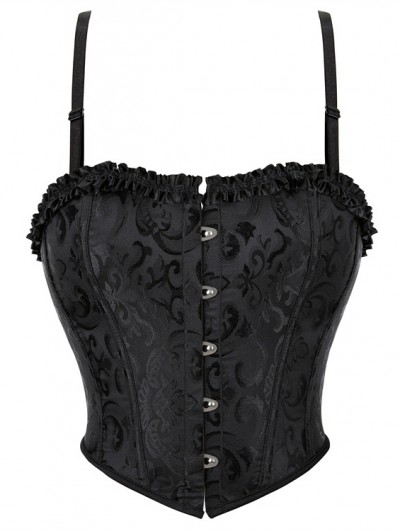 Black Gothic Retro Brocade Pattern Ruffle Trim Overbust Corset