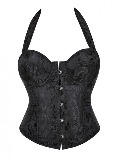 Black Jacquard Vintage Halter Underwire Gothic Overbust Corset