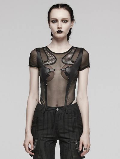 Punk Rave Black Gothic Punk Sexy Mesh Splicing Bodysuit for Women