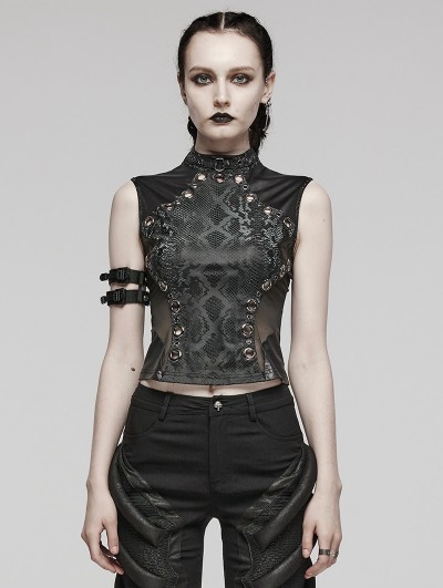 Punk Rave Black Gothic Punk Metal Eyelets Patterned Mesh Vest Top for Women