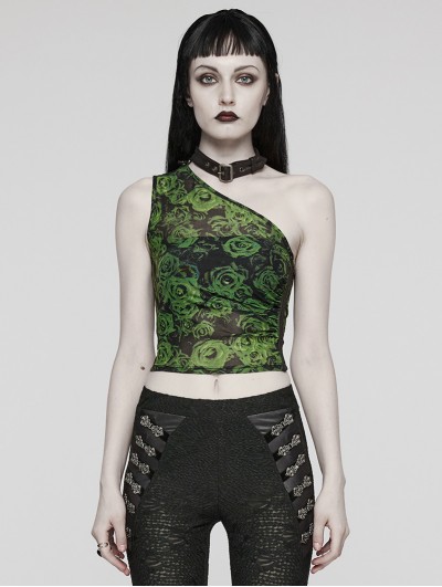 Punk Rave Women's Black and Green Gothic Asymmetric Sexy Mesh Printed Top With Detachable Choker