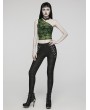 Punk Rave Women's Black and Green Gothic Asymmetric Sexy Mesh Printed Top With Detachable Choker