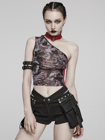 Punk Rave Women's Black and Red Gothic Asymmetric Sexy Mesh Printed Top With Detachable Choker
