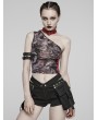 Punk Rave Women's Black and Red Gothic Asymmetric Sexy Mesh Printed Top With Detachable Choker