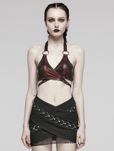 Punk Rave Black and Red Gothic Punk Sexy Halter Neck Crop Top for Women