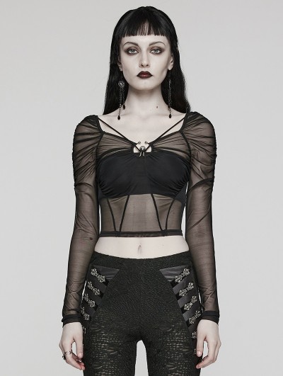 Punk Rave Black Gothic Sexy Long Sleeve Gathered Mesh T-Shirt for Women