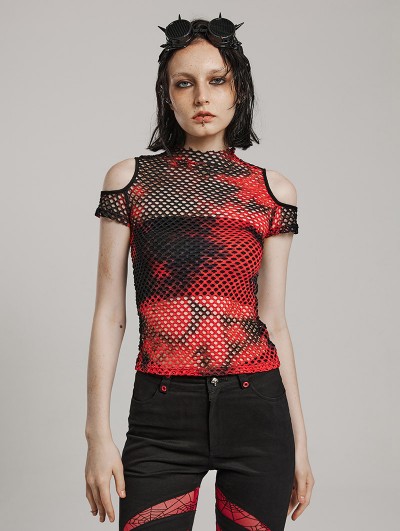 Punk Rave Black and Red Gothic Punk Tie-Dyed Mesh Short Sleeve T-Shirt for Women