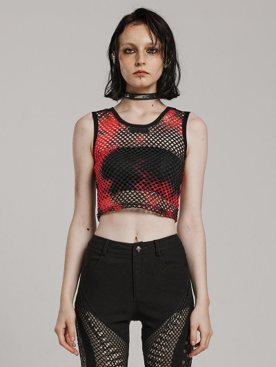 Punk Rave Black and Red Gothic Punk Tie-Dyed Mesh Tank Top for Women